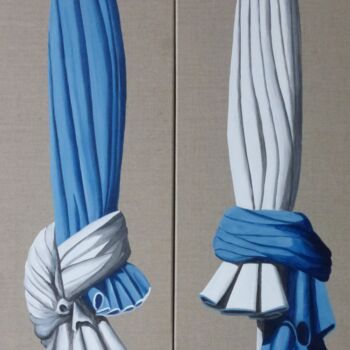 Peinture intitulée "Parasols bleus 30x90" par Armelle Cailly, Œuvre d'art originale, Acrylique Monté sur Châssis en bois