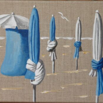 Painting titled "parasols bleus" by Armelle Cailly, Original Artwork, Acrylic Mounted on Wood Stretcher frame