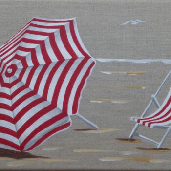 Painting titled "Parasol rouge rayé…" by Armelle Cailly, Original Artwork, Acrylic Mounted on Wood Stretcher frame