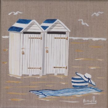Malarstwo zatytułowany „Cabines de plage à…” autorstwa Armelle Cailly, Oryginalna praca, Akryl Zamontowany na Drewniana rama…