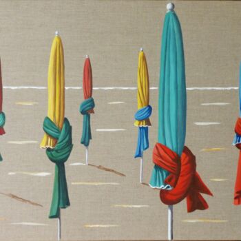Painting titled "parasols à Deauvill…" by Armelle Cailly, Original Artwork, Acrylic Mounted on Wood Stretcher frame