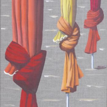 Painting titled "3 parasols 30x90" by Armelle Cailly, Original Artwork, Acrylic Mounted on Wood Stretcher frame