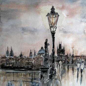 Painting titled "Prague" by Armelle Delaplace, Original Artwork, Watercolor Mounted on Cardboard