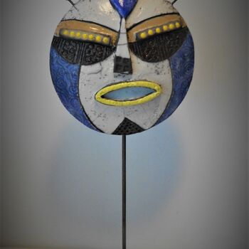 Sculpture titled "Totem bleu et jaune" by Armelle Colombier, Original Artwork, Ceramics