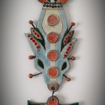 Sculpture intitulée "Totem poisson vert" par Armelle Colombier, Œuvre d'art originale, Céramique