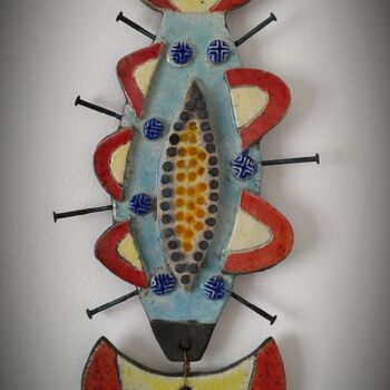 Sculpture titled "Totem poisson rouge" by Armelle Colombier, Original Artwork, Ceramics