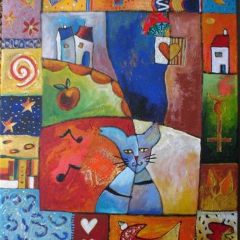 Pintura intitulada "le chat et la pomme" por Armelle Colombier, Obras de arte originais