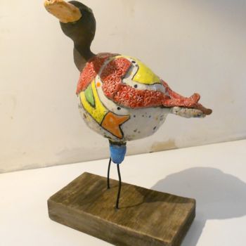 Sculpture titled "Le canard tacheté b…" by Armelle Colombier, Original Artwork, Ceramics