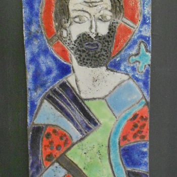 Escultura intitulada "saint Philbert" por Armelle Colombier, Obras de arte originais, Cerâmica Montado em Painel de madeira