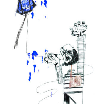 Dibujo titulada "Cometa azúl" por Arnaldo Delgado, Obra de arte original, Tinta