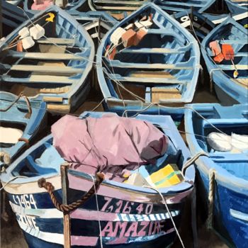 Painting titled "Port de pêche à Ess…" by Arnaud Feuga, Original Artwork, Oil Mounted on Wood Stretcher frame