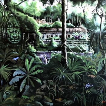 Painting titled "Ruines à Siem Reap" by Arnaud Feuga, Original Artwork, Oil Mounted on Wood Stretcher frame