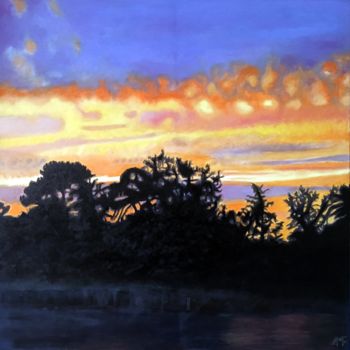 Painting titled "Coucher de soleil a…" by Arnaud Feuga, Original Artwork, Oil Mounted on Wood Stretcher frame