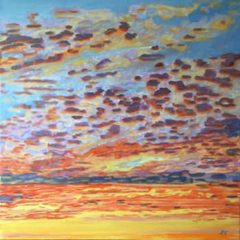 Painting titled "Coucher de soleil 1" by Arnaud Feuga, Original Artwork, Oil Mounted on Wood Stretcher frame