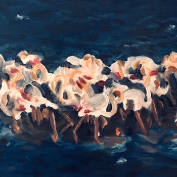 Peinture intitulée "Réveil de flamants…" par Arnaud Feuga, Œuvre d'art originale, Huile