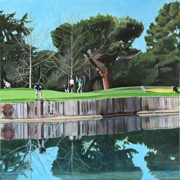 Painting titled "Scène de putting au…" by Arnaud Feuga, Original Artwork, Oil Mounted on Wood Stretcher frame