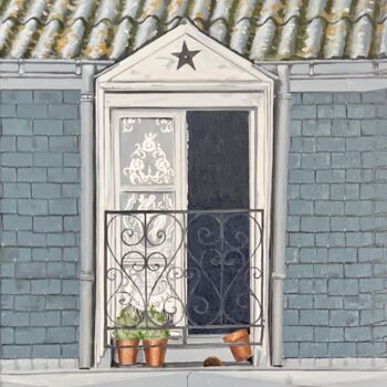 Painting titled "Fenêtre aux pots" by Arnaud Feuga, Original Artwork, Oil Mounted on Wood Stretcher frame