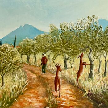 Peinture intitulée "Chèvres et oliviers" par Arnaud Feuga, Œuvre d'art originale, Huile