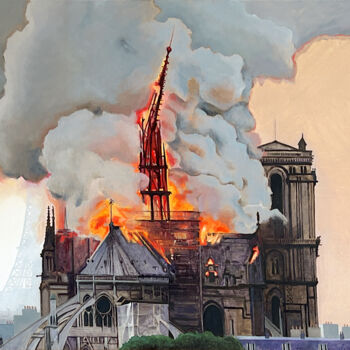 Painting titled "L'incendie de Notre…" by Arnaud Feuga, Original Artwork, Oil Mounted on Wood Stretcher frame