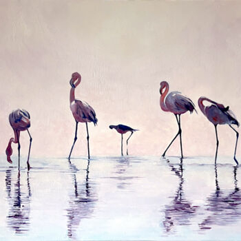 Painting titled "Flamants au point d…" by Arnaud Feuga, Original Artwork, Oil Mounted on Wood Panel