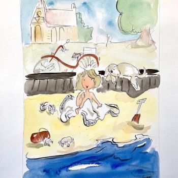 Картина под названием "À la plage" - Arnaud Faugas, Подлинное произведение искусства, Акварель