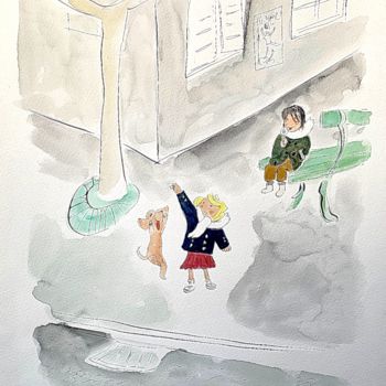 Картина под названием "Place des enfants" - Arnaud Faugas, Подлинное произведение искусства, Акварель