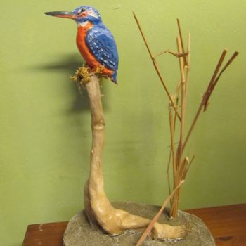 Escultura intitulada "le martin pecheur" por Satorra, Obras de arte originais, Madeira