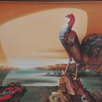 Schilderij getiteld "Amanecer gallero" door Arney Cardenas, Origineel Kunstwerk, Olie Gemonteerd op Frame voor houten branca…