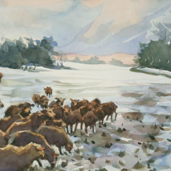 Pittura intitolato "Moutons dans la nei…" da Christian Arnould, Opera d'arte originale