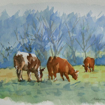 Painting titled "2 vaches" by Christian Arnould, Original Artwork, Watercolor