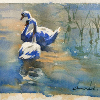 Painting titled "2 cygnes" by Christian Arnould, Original Artwork, Watercolor