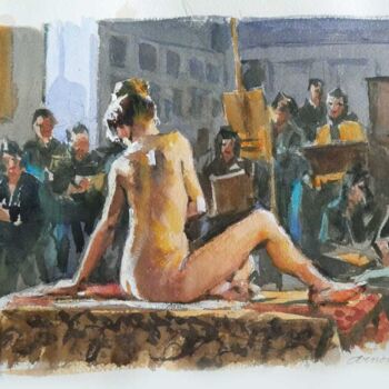 Painting titled "L'atelier du modèle…" by Christian Arnould, Original Artwork, Watercolor
