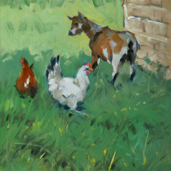 Pintura titulada "Deux poules et une…" por Christian Arnould, Obra de arte original, Oleo