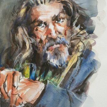 Painting titled "Jeff Bridges" by Christian Arnould, Original Artwork, Watercolor