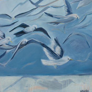 Ζωγραφική με τίτλο "Flying Seagulls Pai…" από Arohika Verma, Αυθεντικά έργα τέχνης, Ακρυλικό