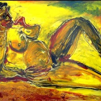 Peinture intitulée "femme jaune allongée" par Dar, Œuvre d'art originale, Huile