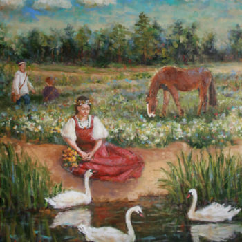 Картина под названием "Дикие лебеди" - Инна Рязанова, Подлинное произведение искусства, Масло