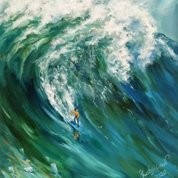 Painting titled "Sea wave, Pollution…" by Natalia Shestopalova, Original Artwork, Oil Mounted on Wood Stretcher frame