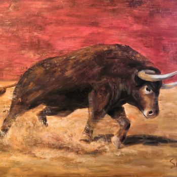 Painting titled "Bull "Achiever", or…" by Natalia Shestopalova, Original Artwork, Acrylic Mounted on Wood Stretcher frame