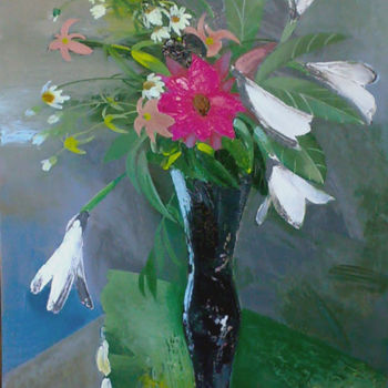 Painting titled "цветы на зеленой са…" by Valentina Averkina, Original Artwork, Oil
