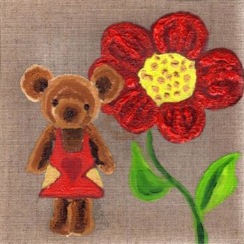 Painting titled "Nounours à la fleur…" by Jacques Bonjour, Original Artwork