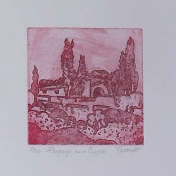 Gravures & estampes intitulée "PAYSAGE AUX CYPRES…" par Michèle Froment, Œuvre d'art originale, Gravure