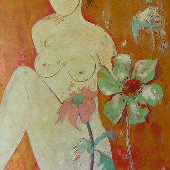 Painting titled "NU AUX FLEURS Ref.…" by Michèle Froment, Original Artwork, Oil Mounted on Wood Stretcher frame