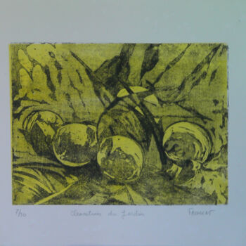 Printmaking titled "CLEMENTINES DU JARD…" by Michèle Froment, Original Artwork, Engraving Mounted on Cardboard