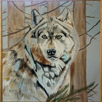 Painting titled "Серый волк" by Daniyar Mamatov, Original Artwork, Oil Mounted on Wood Stretcher frame