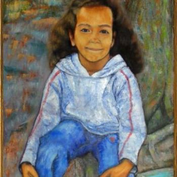 Painting titled "Petite fille en jean" by Madi, Original Artwork, Oil
