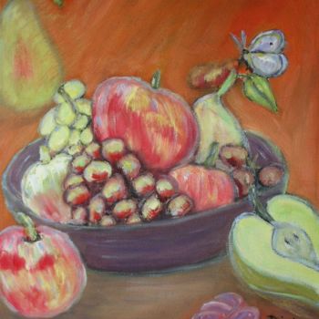 Schilderij getiteld "fruits et papillon" door Madi, Origineel Kunstwerk, Olie