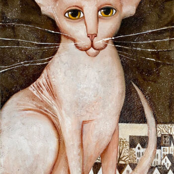Painting titled "Winter cat" by Maria Aristova, Original Artwork, Oil