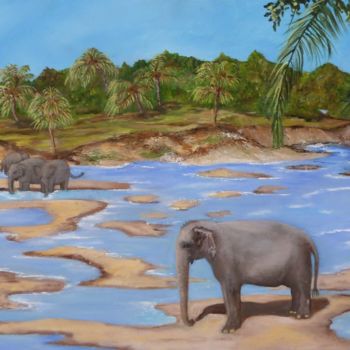 Painting titled "LES ELEPHANTS" by Paty, Original Artwork, Oil