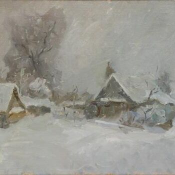 Painting titled "Village in the wint…" by Eugenie Sizov, Original Artwork, Oil